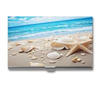 Ocean Sea Beach Seashells Starfish Blue Business Card Holder Case for Men & Women Minimalist Design Ultra Thin Metal Credit Card Holder Professional Aluminum Alloy Flip Cover Slim Name Card Case