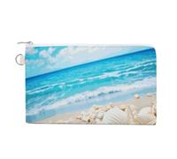 Ocean Sea Beach Seashells Starfish Blue Coin Purse Mini Change Wallet Portable Change Purse Cute Canvas Coin Wallet Bag with Zipper for Men & Women