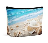 Ocean Sea Beach Seashells Starfish Blue Makeup Bag Wide-Open Travel Bag Organizer for Toiletry Make Up Cosmetic Waterproof Portable Zipper Pouch Purse Lightweight Small Makeupbag Gift for Women Girl