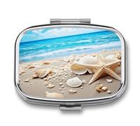 Ocean Sea Beach Seashells Starfish Blue Pill Case 2 Compartment Small Pill Box Metal Portable Medicine Box Mini Medication Organizer Storage Travel Organizer for Pocket Purse