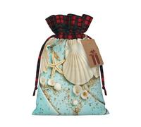 Ocean Sea Beach Seashells Starfish Blue Print Christmas Candy Bags,Holiday Party Color-Blocked Drawstring Bags,Drawstring Snack Bags