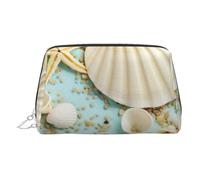 Ocean Sea Beach Seashells Starfish Blue Print Leather Cosmetic Pouch, Leather Makeup Bag for Purse with Top Zip Closure Stylish Toiletry Bag