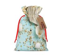 Ocean Sea Beach Seashells Starfish Blue Printed Christmas Drawstring Bags with Red Ribbon - Reusable Burlap Drawstring Gift Pouches, M