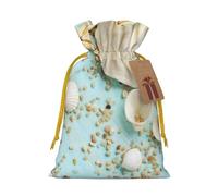 Ocean Sea Beach Seashells Starfish Blue Printed Christmas Drawstring Bags with Yellow Christmas Ribbon - Reusable Burlap Drawstring Gift Pouches, S