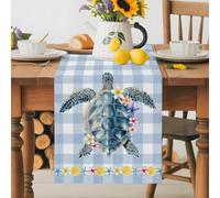 Ocean Sea Turtle Nautical Table Runner 72 Inches Long,Table Runners Kitchen Dining Tables Decoration for Home Party Decor, Summer Lemon Blue Plaid Tables Runner Wedding Dresser Scarf