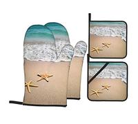 Ocean Sea Waves Tropical Beach Funny Green Frogs and Yellow Flowers Oven Mitts and Pot Holders Sets of 4pcs Waterproof Heat Resistant Kitchen Accessories Oven Gloves and Hot Pads Potholders for Kitche