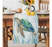 Ocean Seahorse Octopus Crab Turtle Table Runner 72 Inches Long,Table Runners Kitchen Dining Tables Decoration for Home Party Decor, Sea Creature Coral Tables Runner Wedding Dresser Scarf