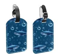 Ocean Sharks and Bubbles Blue Background Luggage Tags for Suitcase, 2 Pack Leather Baggage Identifier with Privacy Flap and Name ID Label for Women Men Travel