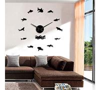 Ocean Sharks Wall Art DIY Wall Stickers Giant Wall Clock Nautical Decor Great White Shark Frameless Kid Bedroom Large Wall Clocks (Black、27inch)