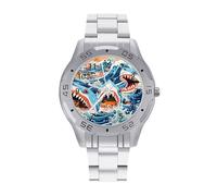 Ocean Sharks Waves Quartz Wrist Watch Stainless Steel Watches for Men Women Easy to Read