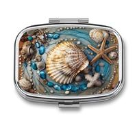 Ocean Shell Art Pill Box 2 Compartments Portable Travel Pill Case Mini Medicine Organizer for Pocket Purse Metal Waterproof Medicine Container Holder Vitamin Fish Oil
