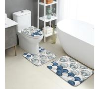 Ocean Shell Bathroom Mat Sets 3 Piece, Coastal Blue White Waves Absorbent Non Slip Toilet Rugs U Shaped Washable, Summer Beach Quick Dry Flannel Bathroom Rug Set