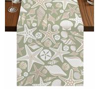 Ocean Shell Table Runner, Starfish Conch Retro Beach Green Texture Cotton and Table Linen Runner for Kitchen Dining Home Decor for Party Festival Holiday Decoration Gift 13x60in