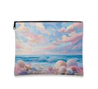 Ocean Shells Makeup Bag, Coastal Seascape Cosmetic Travel Pouch for Women, Portable Small Canvas Zipper Organizer, Beach Gift Skincare Toiletry Bag, Summer Festival Essential, Peach, 7x9 Inch, Shells