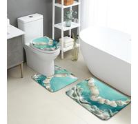 Ocean Shells Quick Dry Bath Mat, Coastal Nautical Ocean Creatures Absorbent Non Slip Shower Mat, Summer Beach Flannel Washable Bath Rugs for Bathroom Toilet Restroom Decorative 3 Piece Sets