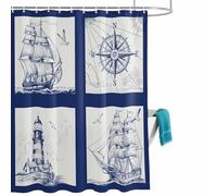 Ocean Ship Shower Curtain for Bathroom, Lighthouse Compass Retro Blue Lines Art Waterproof Cloth Fabric Bathroom Accessories Set with 12 Rust Proof Plastic Hooks, 72” x 96”