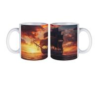 Ocean Ship Sunset White Coffee Mug with Handle Personalized Ceramic Cup Gift for Men Women