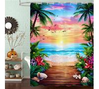 Ocean Shower Curtain 100 x 180 cm, Waterproof Fast-Drying Polyester Fabric, Extra Long Shower Curtain with Weighted Bottom & 12 Hooks Washable Bathroom Curtains for Bath Wet Room Tub, Sunset J8-209