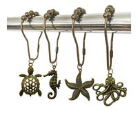 Ocean Shower Curtain Hooks Rings for Decorative Ocean Themed Bathroom, Rustproof Bronze Curtain Rings Set of 12 with Turtle Starfish Seahorse Octopus Sea Animals Series Beach Bathroom Decor (Bronze)