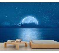 Ocean Skyline Murals, Moon Rising Over The Ocean Empty Night View Wallpaper for Bedroom Living Room 280x200cm Adhesive Large Wallpaper Stickers (Not Self-Adhesive)