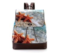 Ocean Starfish on the Summer Beach in Sea Water Women Laptop Backpack, PU Leather Daypack Fashion Rucksack Travel Shoulder Bag