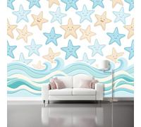 Ocean Starfish Printed Wallpaper for Bedroom250 x 175 cm Light Blue | Cartoon Five Pointed Stars Ocean Waves Durable and Tear-resistant Non-woven Wall Mural suitable for living rooms and offices