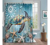 Ocean Starfish Shower Curtain with 12 Hooks Sealife Marine Life Blue Coral Waterproof Fabric Shower Curtains Sets for Bathroom Bath Decorations, Machine Washable, 72"x78"