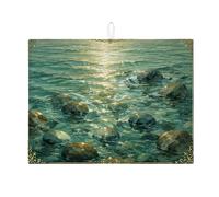 Ocean Stones Dish Drying Mats for Kitchen Counter, Aqua Blue Natural Stone Absorbent Rack Mat, Summer Coastal Vintage Microfiber Drying Pad 18x24 Inch