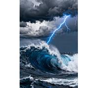 Ocean Storm Lightning Wall Art, Dramatic Seascape with Crashing Waves and Thunder, Nature Photography Print, Dark Blue Stormy Sea Poster