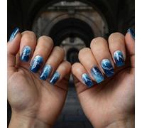 Ocean Storm Short Square Fake Nails with 3D Blue Gradient Wave & Lightning Design - Glossy Press-On Nails Set with Polka Dot and Starry Sky Details for Manicure Enthusiasts, Reusable Art