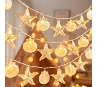 Ocean String Lights - 20 Sea Shell & Starfish Lights on 10ft Battery Wire, Twinkle Mode for Beach Theme Bedroom, Party, Garden Decor