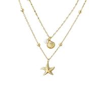 Ocean Style Double Layer Necklace, Gold Starfish Shell Pendant Adjustable Chain for Summer Beach Vacation Daily Outfits
