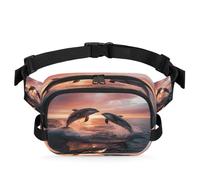 Ocean Sunset Dolphin Fanny Pack for Women Men, Waterproof Waist Bag with Adjustable Strap Dual Zippers, Lightweight Crossbody Chest Bag for Running Hiking Sports