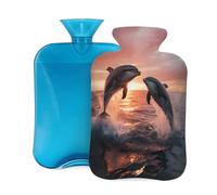Ocean Sunset Dolphin Hot Water Bottle with Cover, 2L PVC Hot Water Bag for Pain Relief, Hand Foot Warmer, Hot & Cold Therapy with Removable Cover, Gift for Women Kids Family