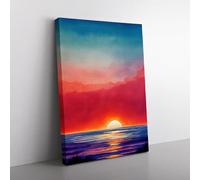 Ocean Sunset In Watercolour No.1 Red, Teal, Blue Canvas Wall Art Print Ready to Hang, Framed Picture for Living Room Bedroom Home Office Décor, 76x50 cm (30x20 Inch)