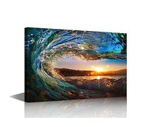 Ocean Sunset Picture for Living Room Surf Eye Beach Landscape Painting Navy Blue Artwork Seascape Wall Art 1 Piece Print on Canvas Giclee Home Modern Decor Framed Ready to Hang(16" Wx24 H)