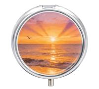 Ocean Sunset Round Pill Box with Mirror 3 Compartment Portable Pill Case for Travel Outdoor Use Cute Small Pill Organizer for Pocket Or Purse