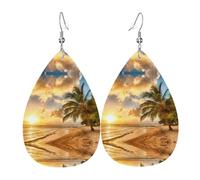 Ocean Sunset Scenery Printed Teardrop Pendant Leather Earrings | Lightweight and Versatile Earrings | Suitable for Daily Commute and Date Wear