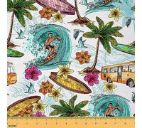 Ocean Surfing Upholstery Fabric by The Yard,Hawaiian Palm Tree Outdoor Fabric by The Yard,Surfer Sea Summer Holiday Decor Fabric for Upholstery and Home DIY Projects,3 Yards,(L276*W150cm) White Teal