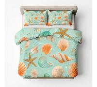 Ocean Theme Duvet Cover 155x220 cm Starfish Bedding Quilt Cover 3 Pcs, 3D Shells Print Reversible Bedding Set Ultra Soft Brushed Microfiber Bed Set Bedroom Decor, 2 Pillowcases b3368