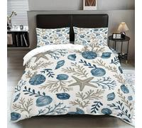 Ocean Theme Duvet Cover Blue Teal Seashell Starfish Seahorse Bedding Set with Comforter Conch Coral Seaweed Quilt Cover for Kids Teens Adults Bedroom Decor 3/4Pcs (Color 2,Double:200x200cm(4Piece))