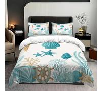 Ocean Theme Duvet Cover Blue Teal Seashell Starfish Seahorse Bedding Set with Comforter Conch Coral Seaweed Quilt Cover for Kids Teens Adults Bedroom Decor 3/4Pcs (Color 1,King:220x240cm(4Piece))
