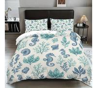 Ocean Theme Duvet Cover Blue Teal Seashell Starfish Seahorse Bedding Set with Comforter Conch Coral Seaweed Quilt Cover for Kids Teens Adults Bedroom Decor 3/4Pcs (Color 5,Double:200x200cm(4Piece))