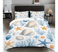 Ocean Theme Duvet Cover Blue Teal Seashell Starfish Seahorse Bedding Set with Comforter Conch Coral Seaweed Quilt Cover for Kids Teens Adults Bedroom Decor 3/4Pcs (Color 7,Single:135x200cm (3Piece))