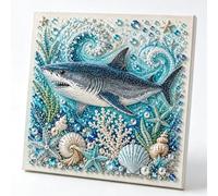 Ocean Theme Pearl Art DIY Kit, Blue Ringed Octopus 3D Diamond Painting Crafts for Adults, Diamond Pearl Painting Kit Wall Art, DIY Pearl Mosaic Craft Set for Beginner, Coastal Home Decor (Shark)
