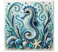 Ocean Theme Pearl Art DIY Kit with Blue Octopus, Seashells, Starfish & Rhinestone Accents, Ocean Diamond Art for Adults & Beginners, Sparkling Coastal Wall Decor (20X20cm, Seahorse)