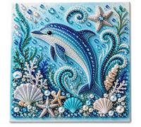 Ocean Theme Pearl Art DIY Kit with Blue Octopus, Seashells, Starfish & Rhinestone Accents, Ocean Diamond Art for Adults & Beginners, Sparkling Coastal Wall Decor (20X20cm, Dolphin)
