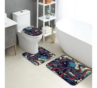 Ocean Themed Bathroom Mat Sets 3 Piece, Artistic Octopus Waves Absorbent Non Slip Toilet Rugs U Shaped Washable, Nautical Quick Dry Memory Foam Bathroom Rug Set