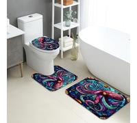 Ocean Themed Bathroom Mat Sets 3 Piece, Colorful Octopus Absorbent Non Slip Toilet Rugs U Shaped Washable, Nautical Inspired Quick Dry Flannel Bathroom Rug Set