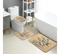Ocean Themed Bathroom Mat Sets 3 Piece, Vintage Ocean Creatures Dolphins Absorbent Non Slip Toilet Rugs U Shaped Washable, Nautical Quick Dry Memory Foam Bathroom Rug Set